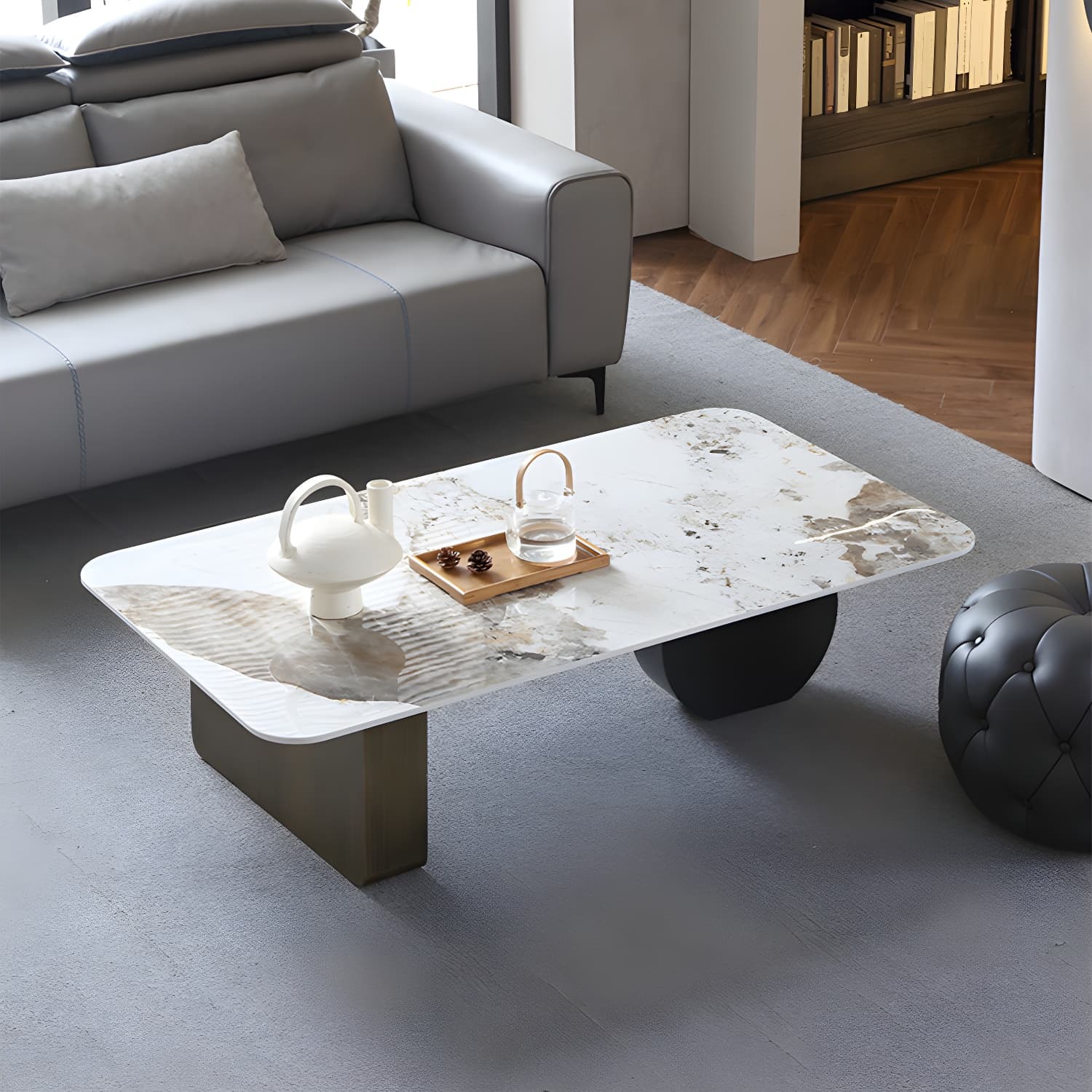Marble White Rectangular Coffee Table Modern Round Cocktail Table - image 9