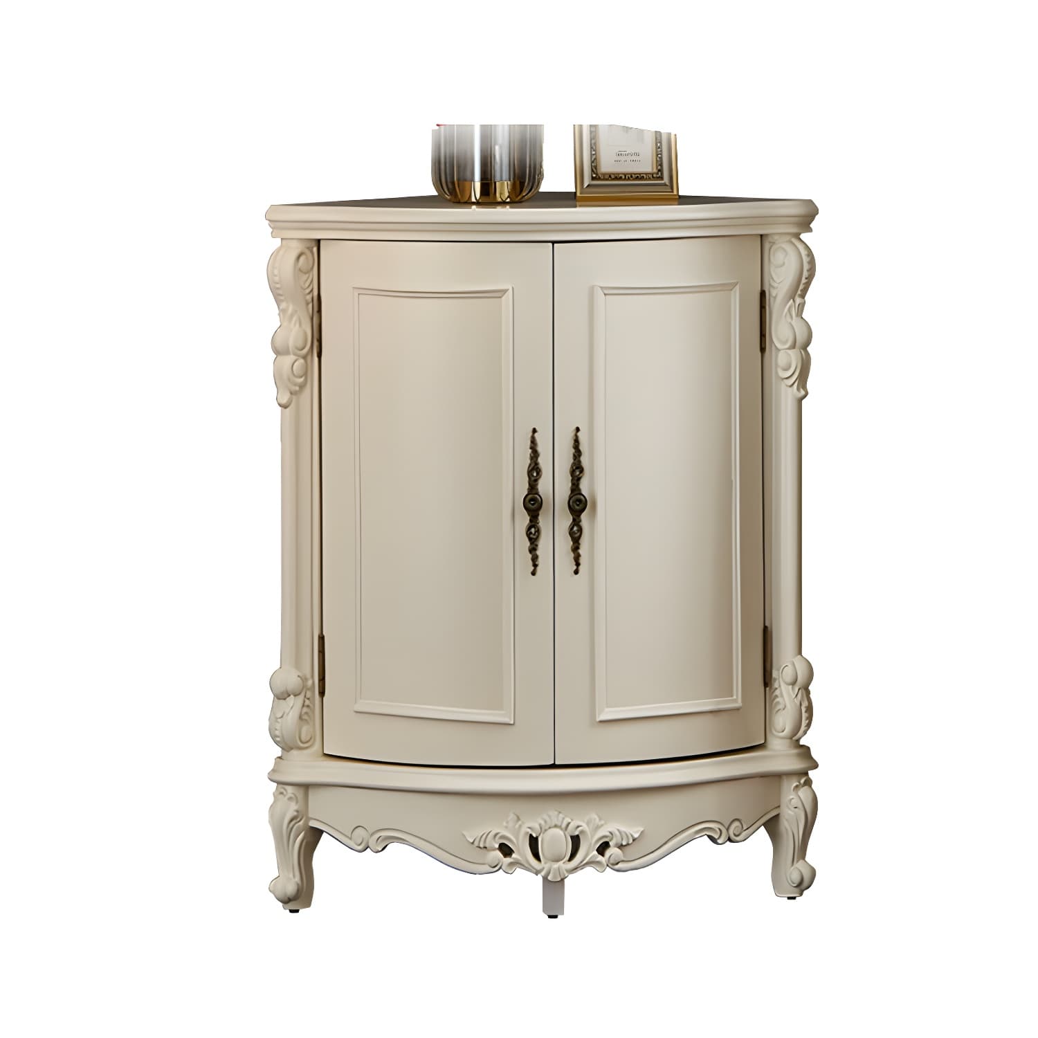Corner Mid-Century Modern Accent Cabinet with Wood Counter Top and 3 Shelves