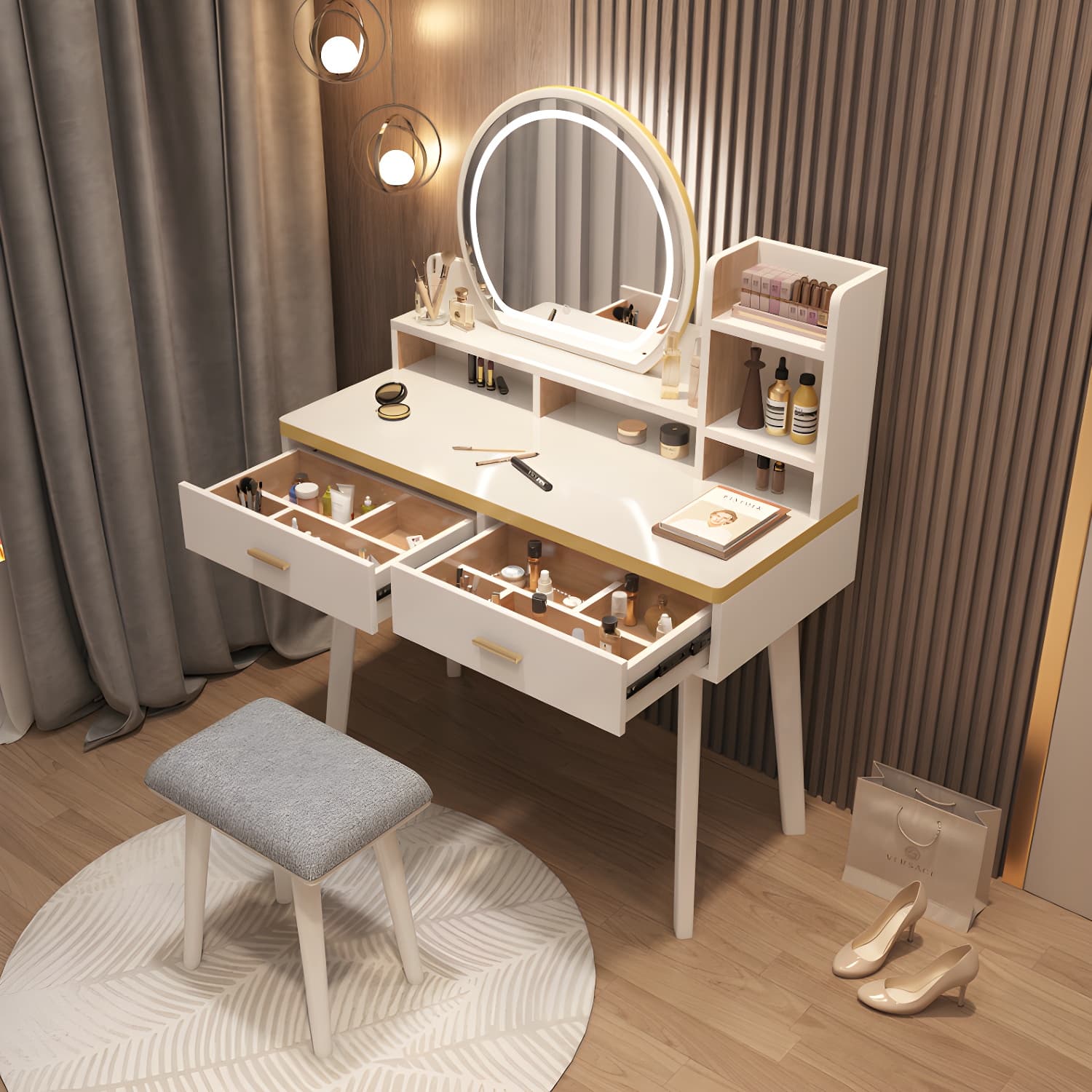 Traditional Bedroom With Drawer Solid Wood Lighted Mirror Make-up Vanity - image 5