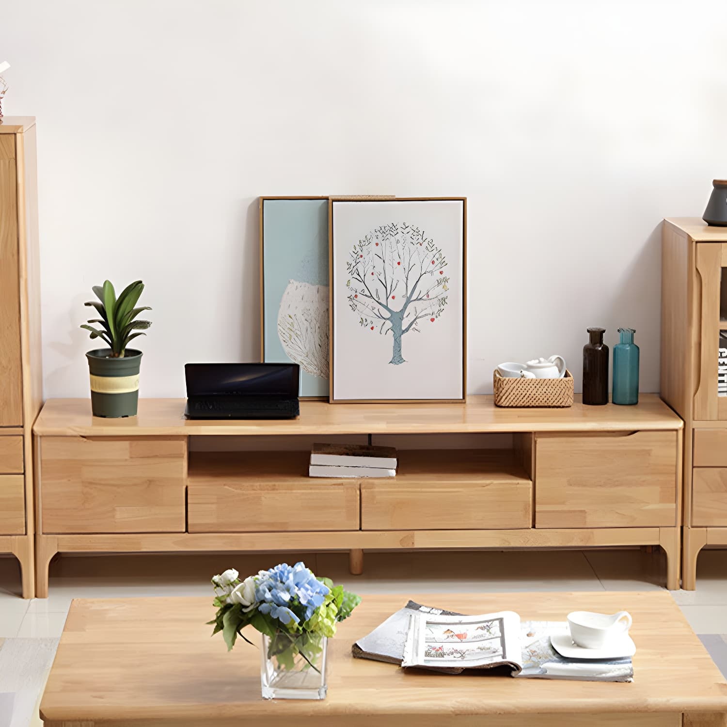 Rubber Wood Media Console Modern 2 Doors TV Console with Splayed Wooden Legs - image 5