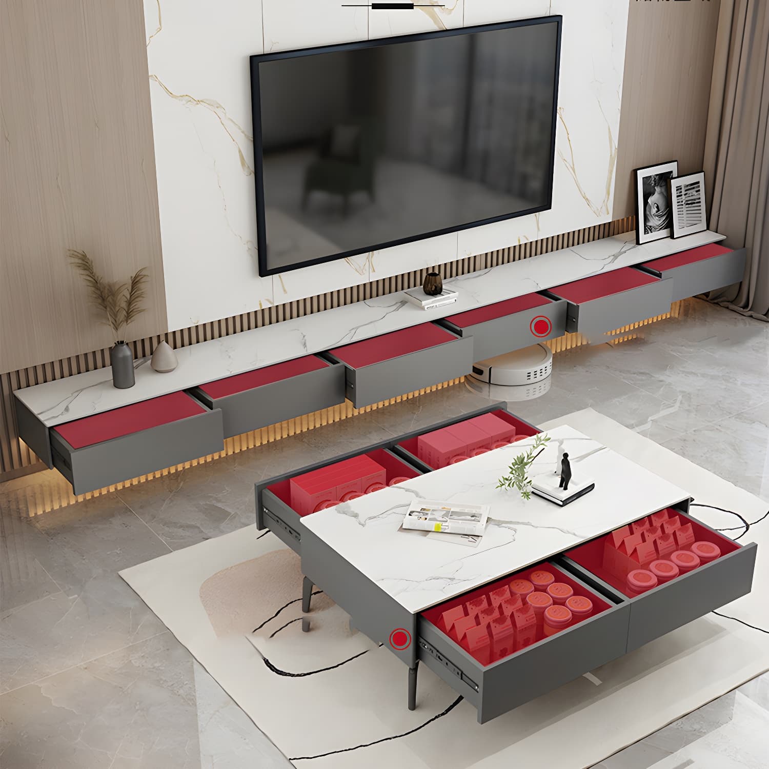 Modern Wall-mounted TV Stand Stone Enclosed Storage TV Cabinet with Drawers - image 8