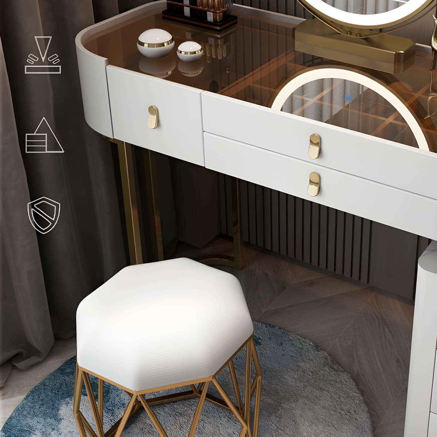Glass/Stone Make-up Vanity Modern Vanity Dressing Table with Storage Drawers - image 9