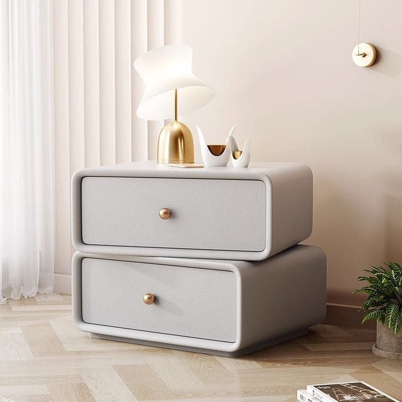 Simplistic 2 Tiers Drawer Storage Nightstand with Light Colored Wood, Swivel Feature, and Pleather Countertop - image 11