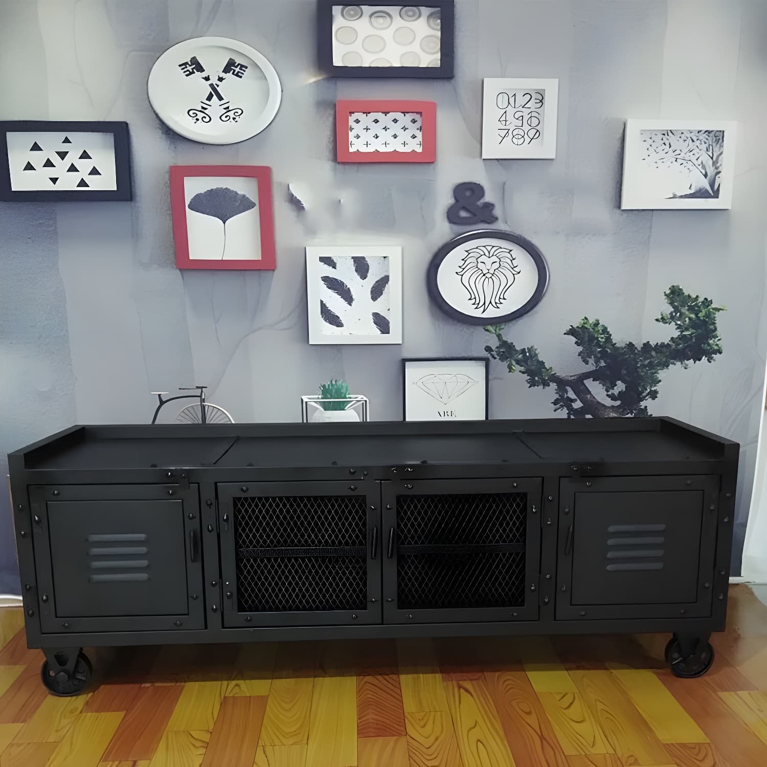 Metal Black TV Cabinet Industrial Style Home TV Stand Console with Casters - image 10