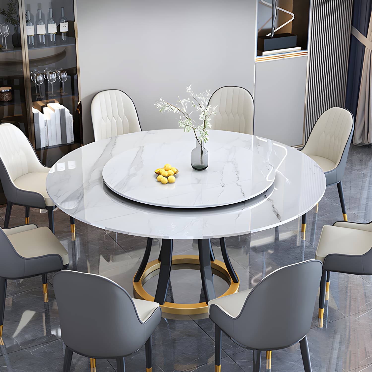 Round Sintered Stone Dining Table Modern Turntable Furniture with Solid Wood Pedestal Base - image 5