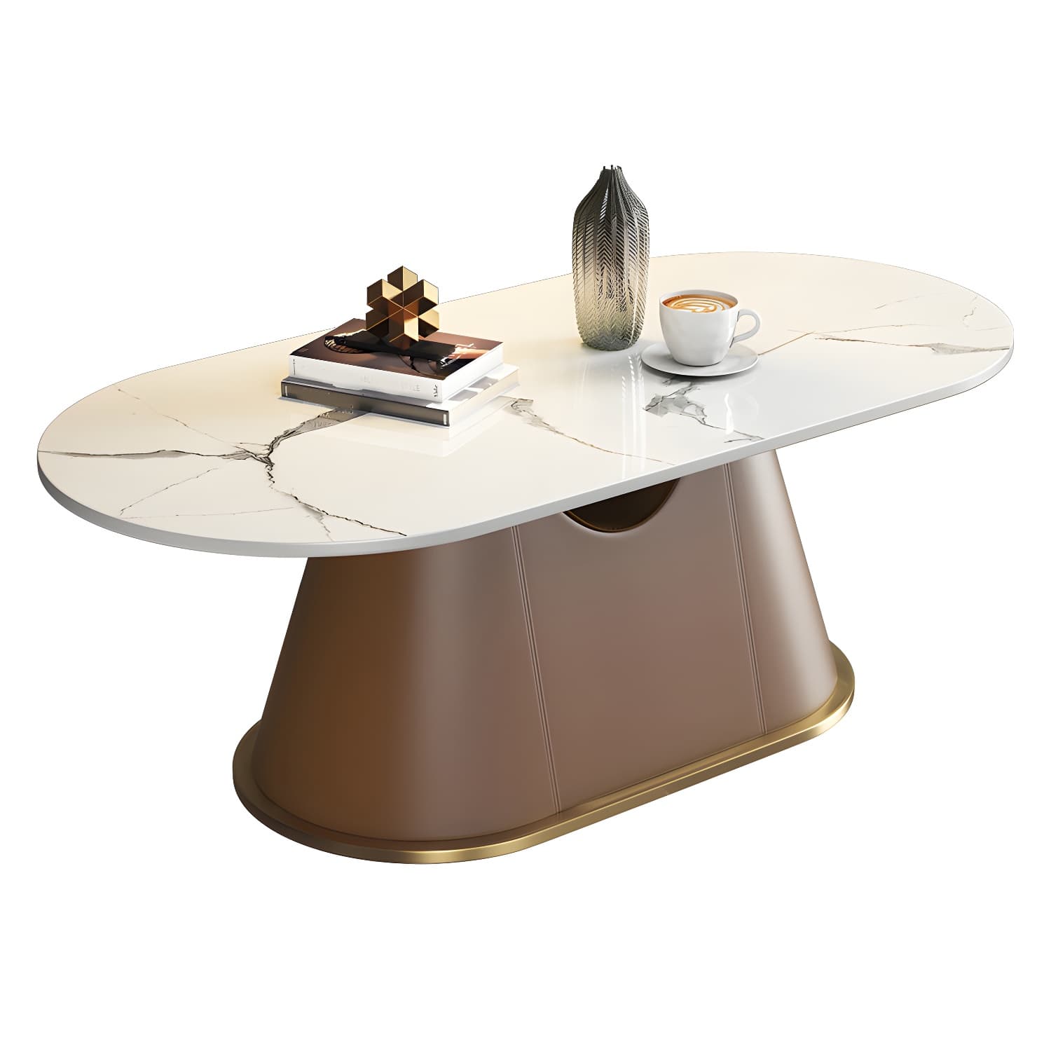 Glam Oval Stone Coffee Table with Pedestal Chrome Base - Scratch Resistant - image 9