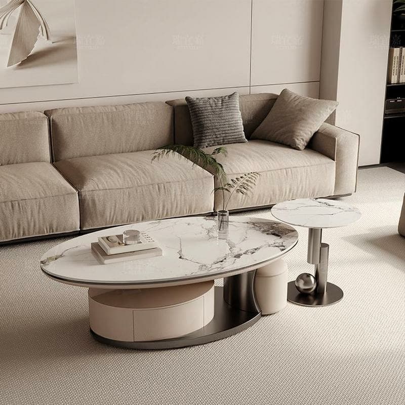 Luxurious Oval Stone Cocktail Table in White with Storage Drawer - image 4