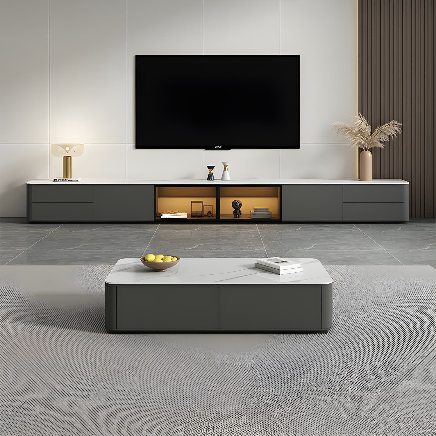 Grey Stone TV Stand with Drawers and Cabinet and No Cable Management for Modern-Style Long TVs