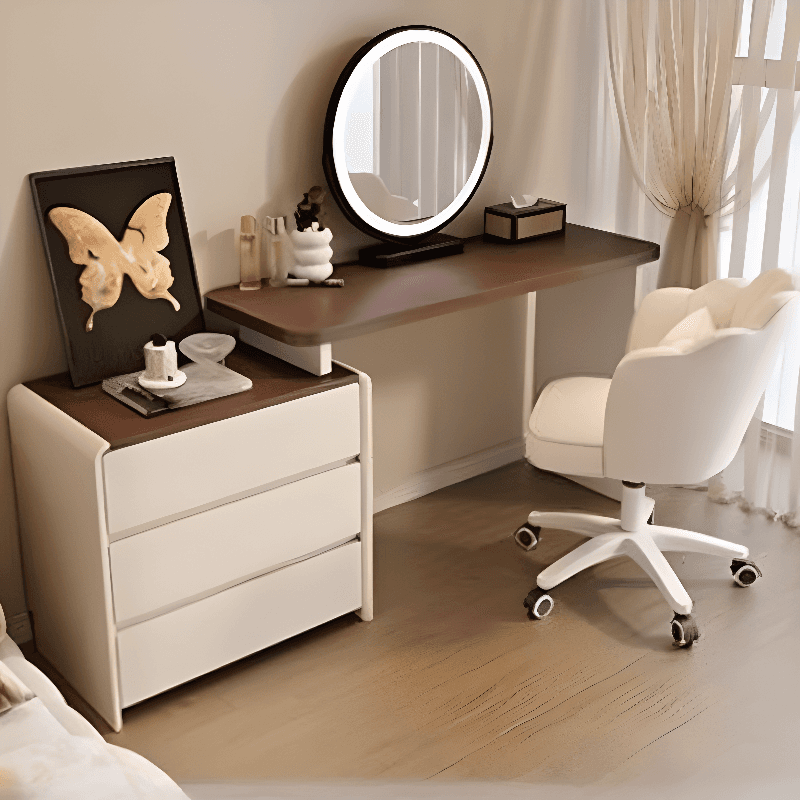 Large Vanity Set with White Seating, 6 Drawers, Mirror Lights, Seat, Lighting, and Scalable Telescopic Design