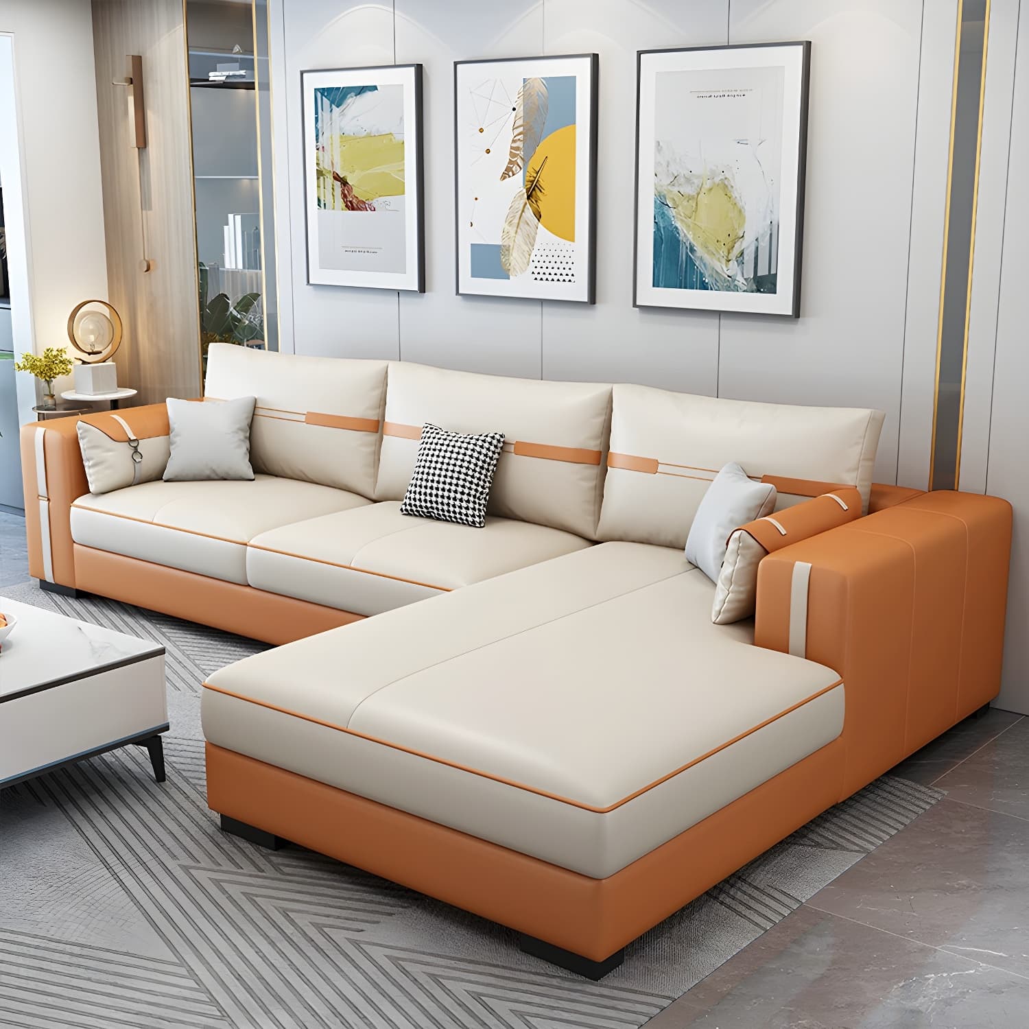 Scandinavian Wood Frame Beige Faux Leather Stationary Sectional Sofa with Cushion Back - image 3