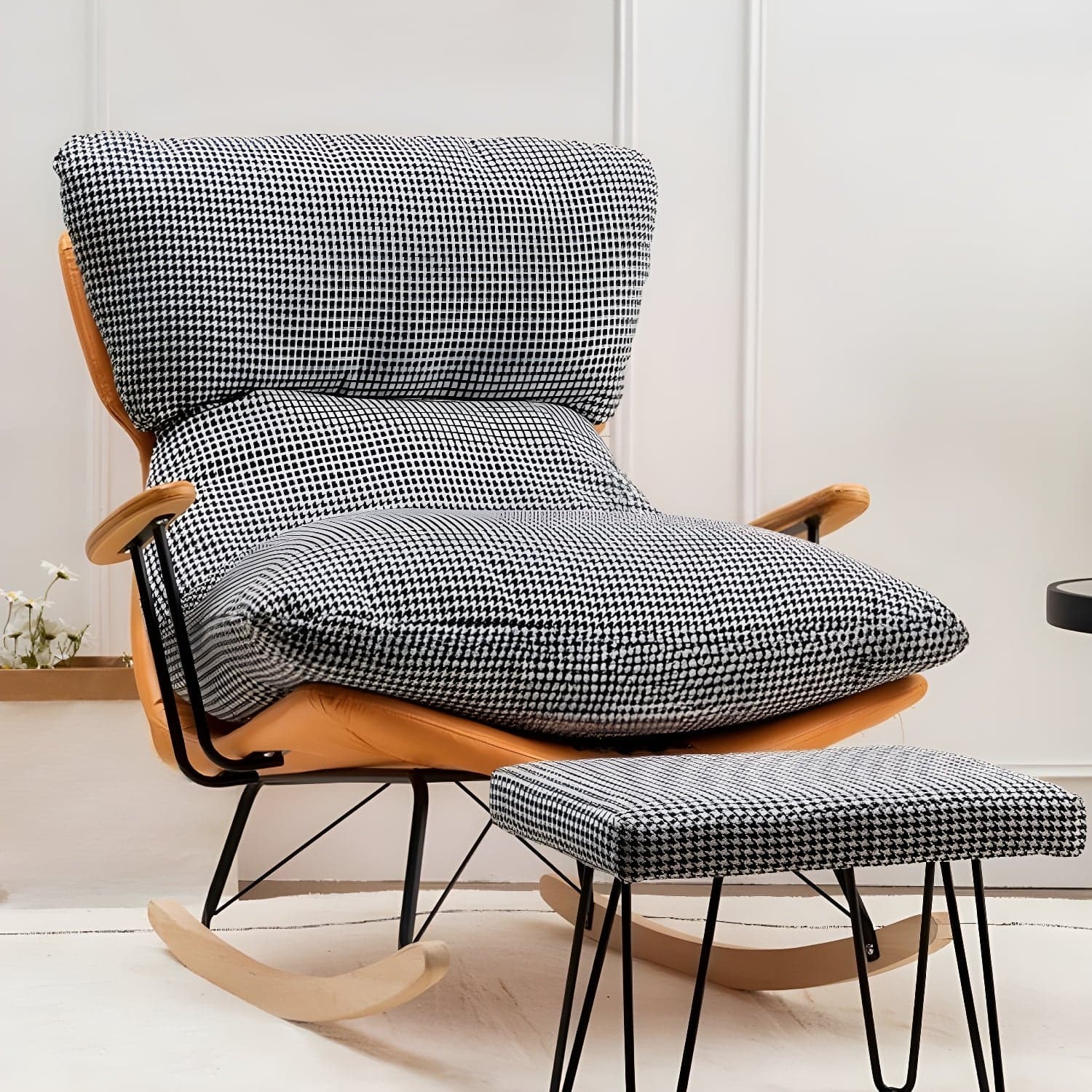Scandinavian Indoor Upholstered Rocking Chair with Track Arms and Natural Wood Legs - image 7