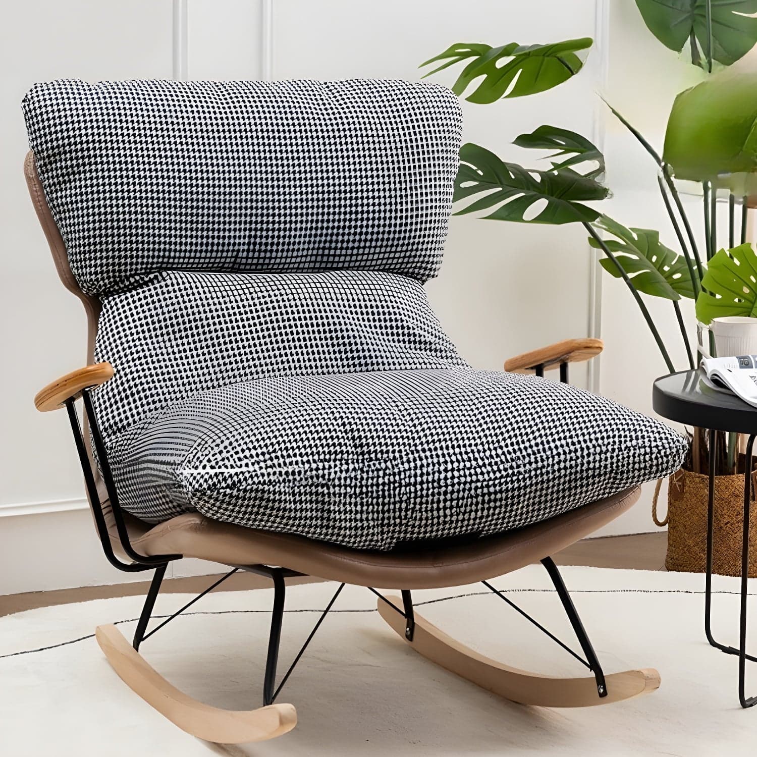Scandinavian Indoor Upholstered Rocking Chair with Track Arms and Natural Wood Legs - image 3