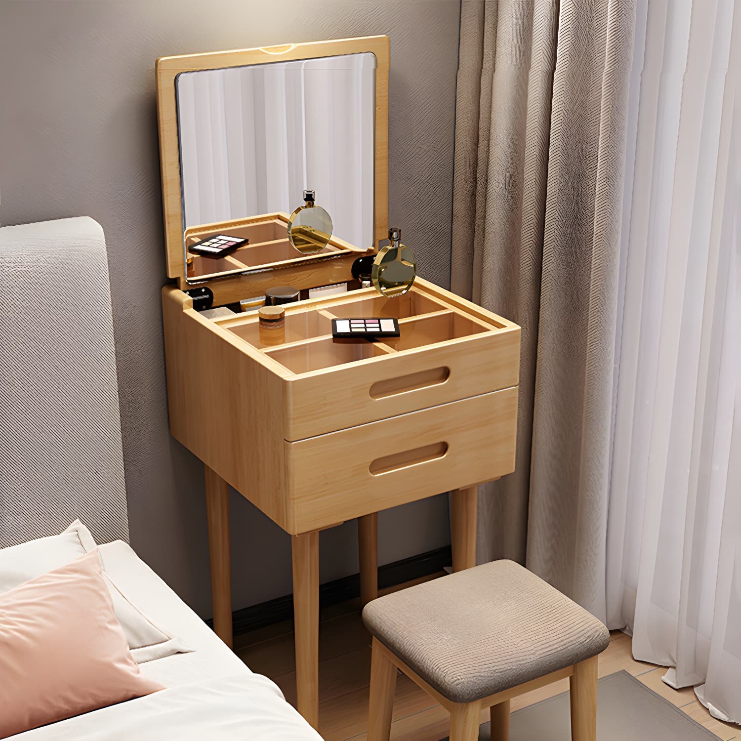 Solid Wood Flip-top Vanity Set Mirrored Vanity Desk Stool Set - image 4