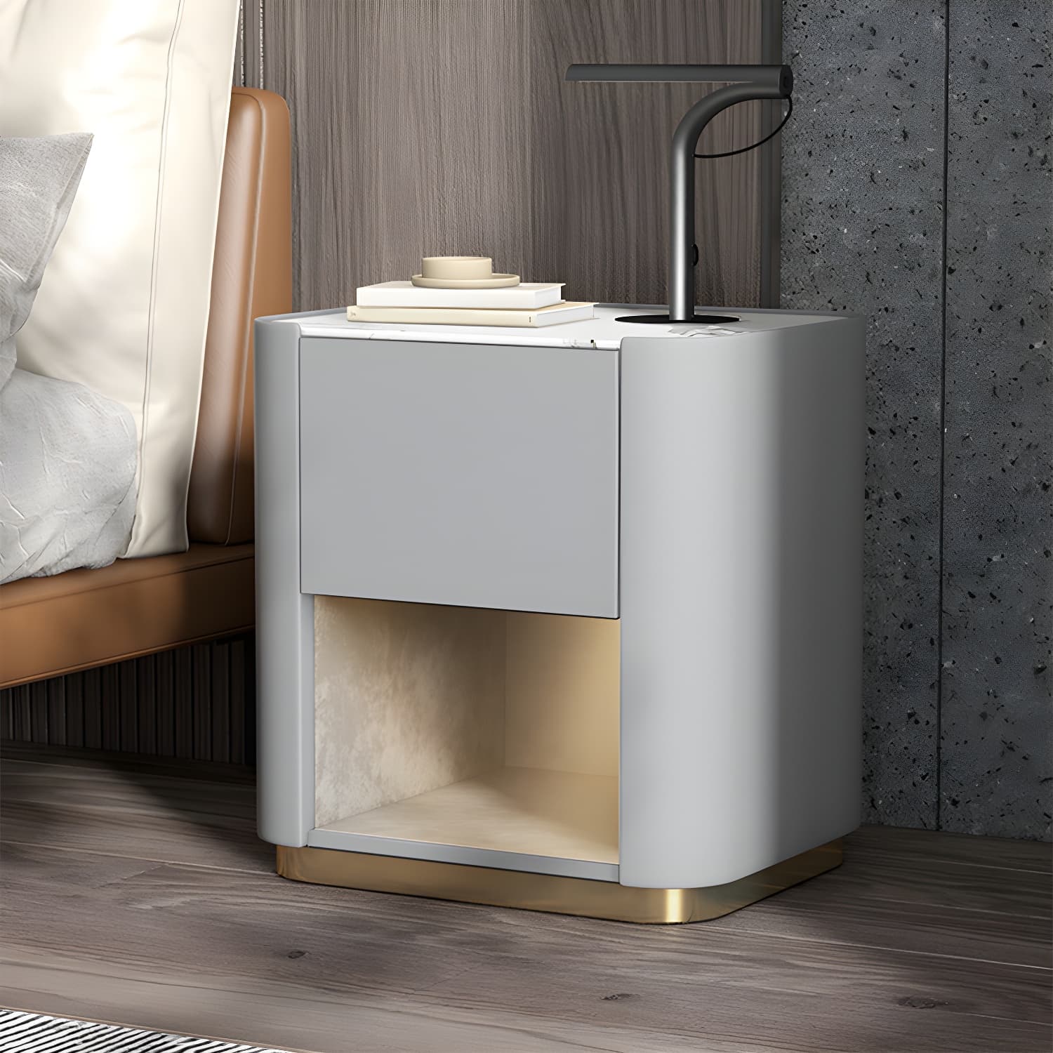 Contemporary Stone Top 1-Drawer, 1 Shelf Nightstand 21.65" Tall Nightstand - image 6