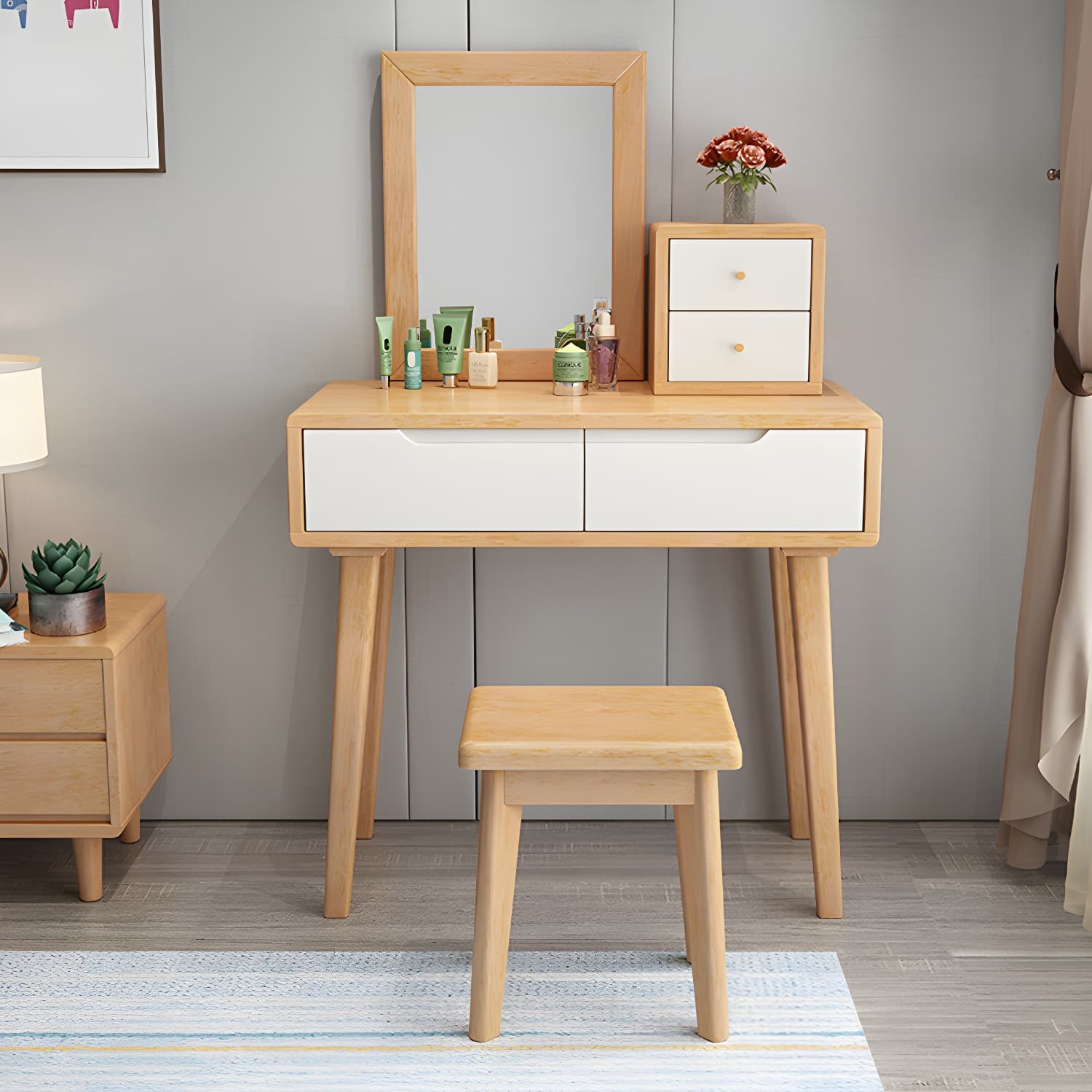 Contemporary Solid Wood Makeup Table Vanity Stool with Drawers - image 12