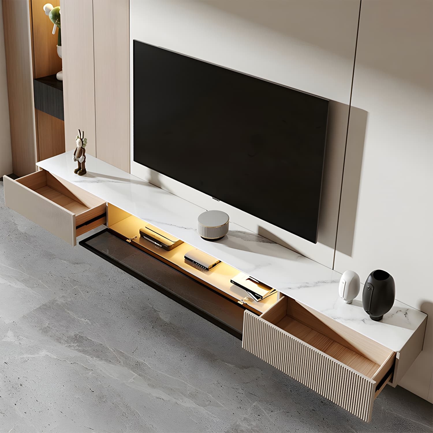 Contemporary 2 Drawers TV Stand Stone Counter Top Wall-mounted TV Cabinet - image 5