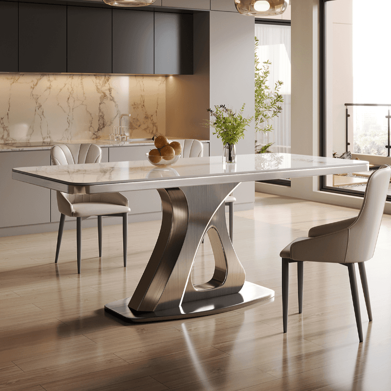 Dining Table Set with Slate Stone Top, Stump Base, Fixed Table, Padded Chair with Back in White