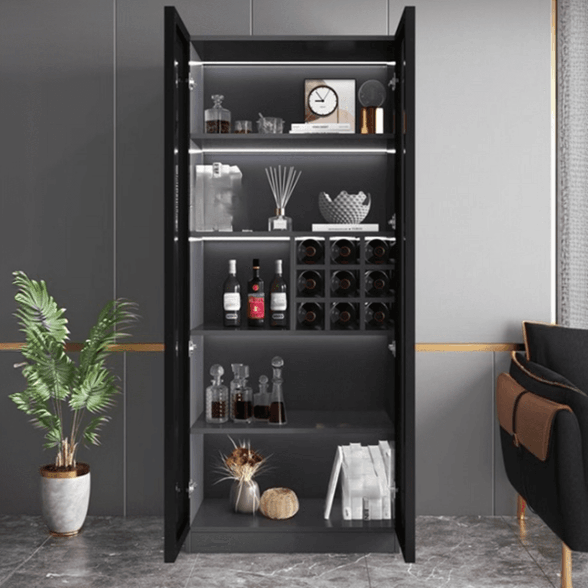 Contemporary Rectangle Utility Storage Cabinet with Storage Cabinet, Composite Wood Countertop, Glass-panel Door in Midnight Black - image 3