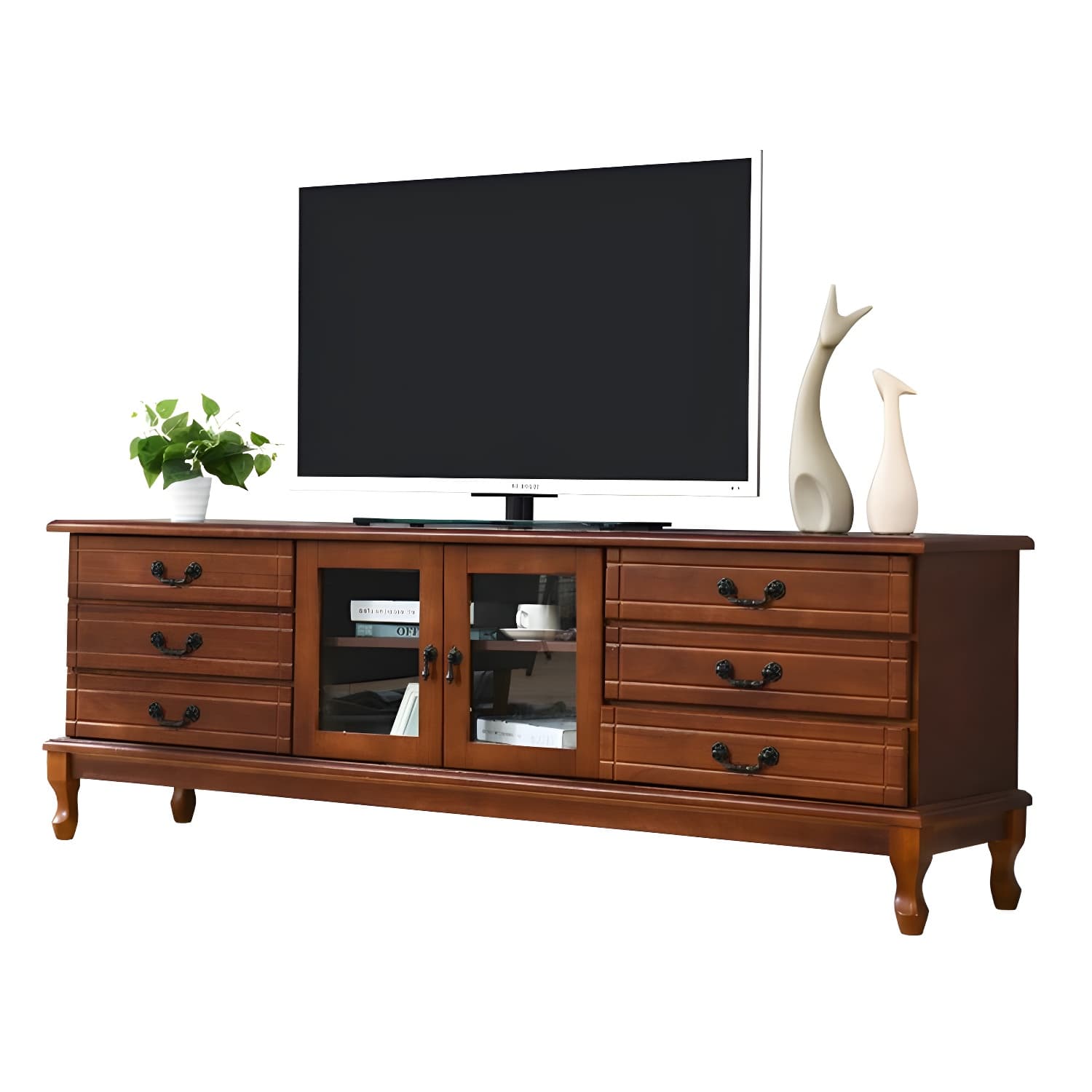 Modern 6-Drawer Solid Wood TV Stand with Glass Doors - 23.5" High - image 9