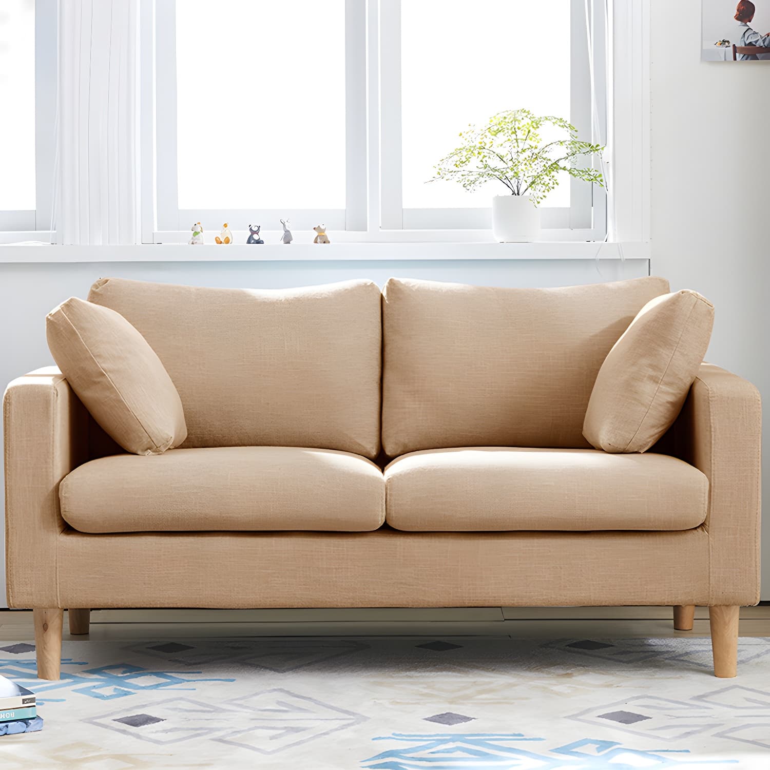 Contemporary Square Arm Couch Faux Leather Loveseat with Pillows - image 10