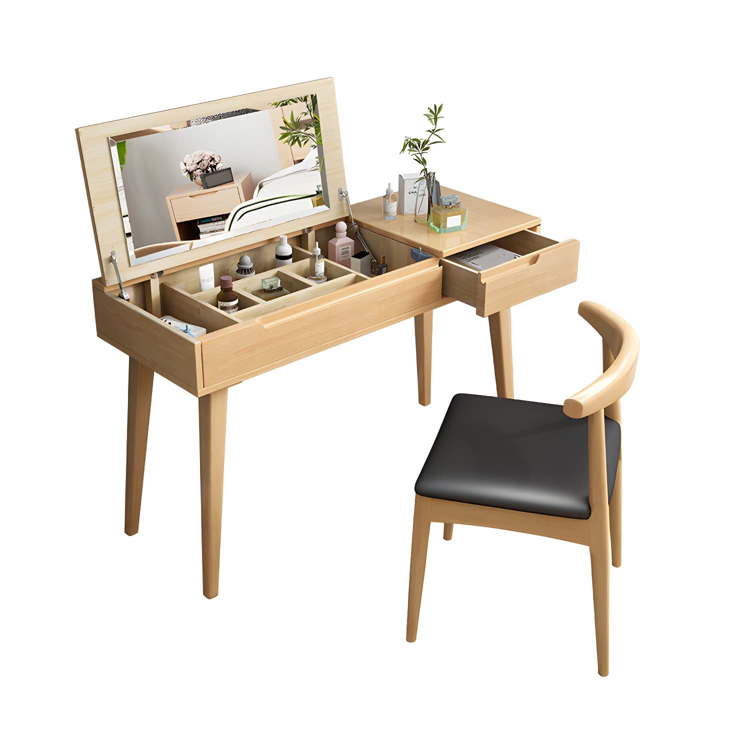 Scandinavian Solid Wood Vanity Makeup Table Set 1 Drawer Flip-Top Dressing Table - image 7