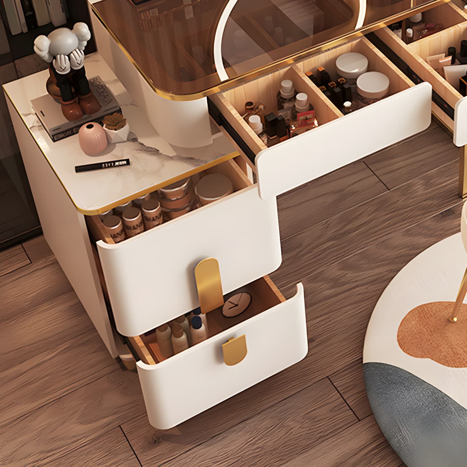 Glass Top Make-up Vanity Wood Dressing Table with Storage Drawers - image 9