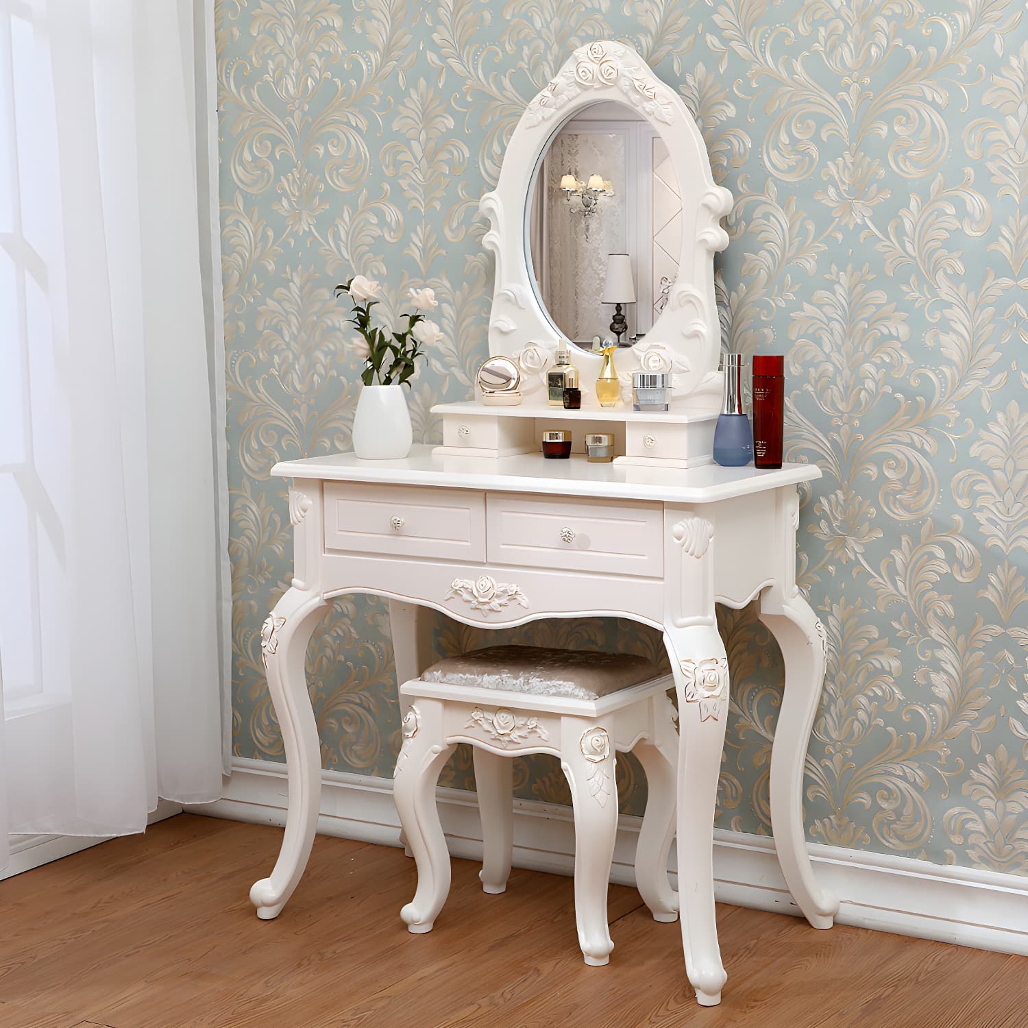 Victorian Bedroom With Drawer Mirror Solid Wood Makeup Vanity Set - image 6