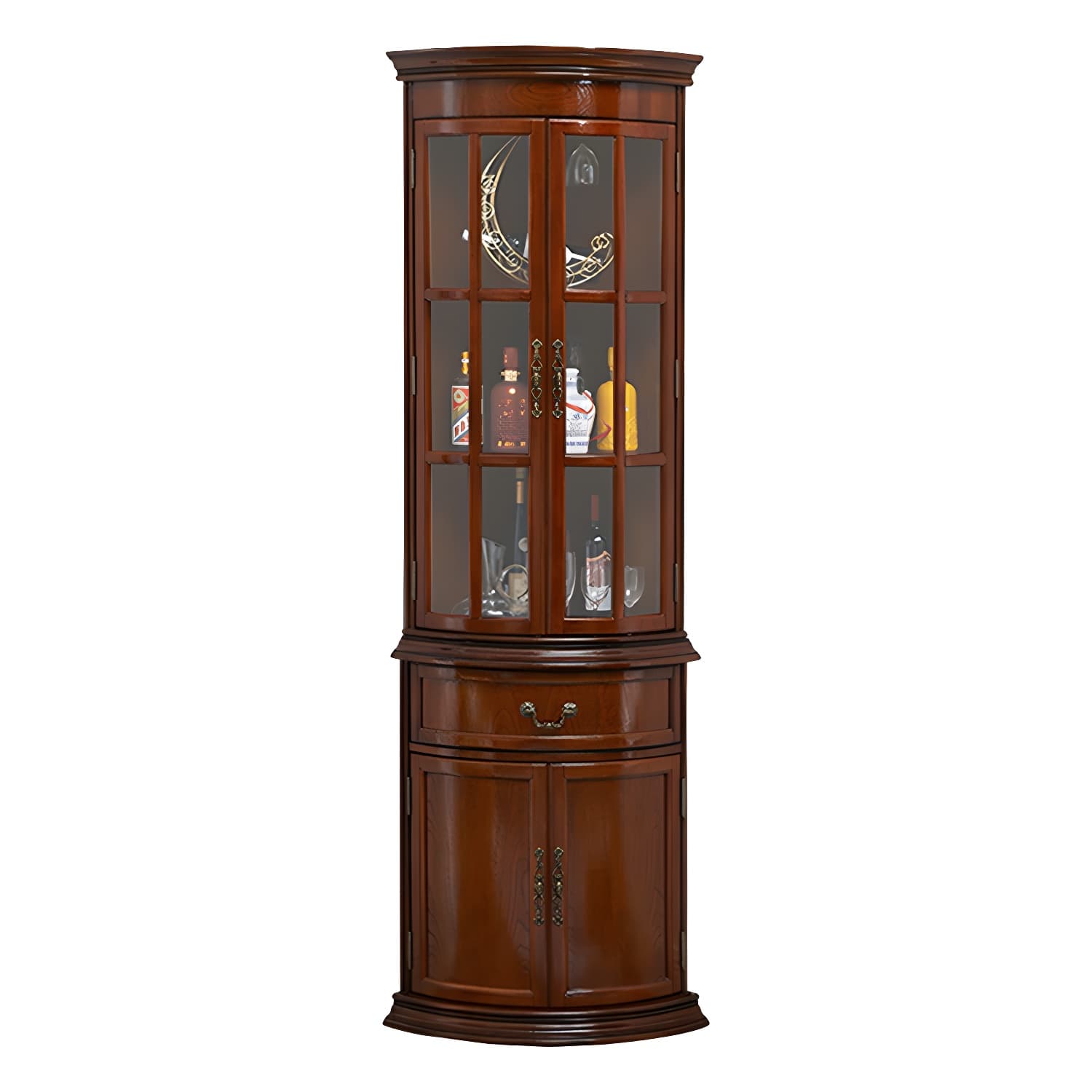 Mid-Century Modern Corner Accent Cabinet with Brown Wood Countertop, Glass Door & Cabinet Storage - image 9