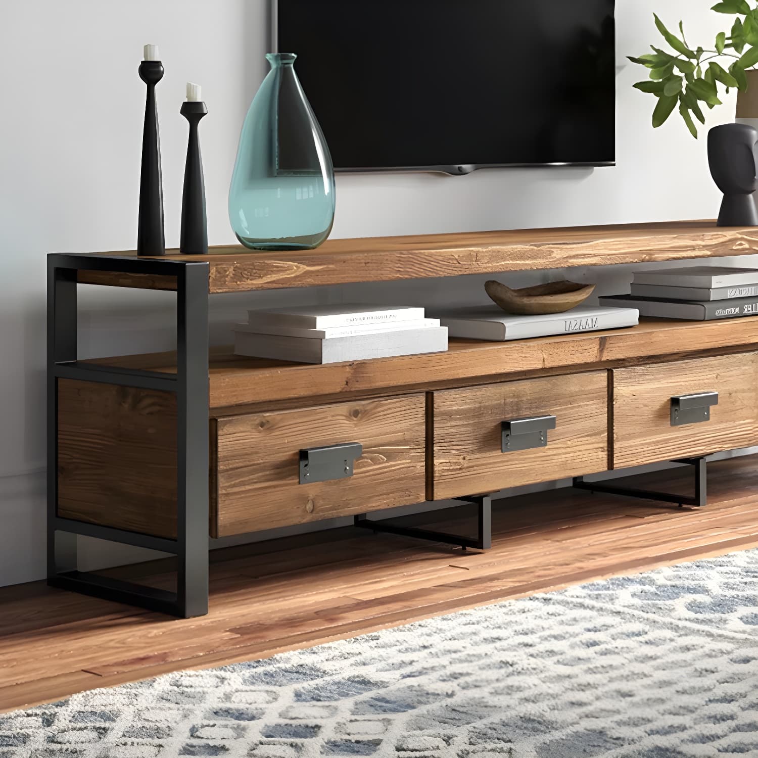 Industrial Wood TV Stand Console Open Storage TV Media Stand with Drawers for Living Room - image 7