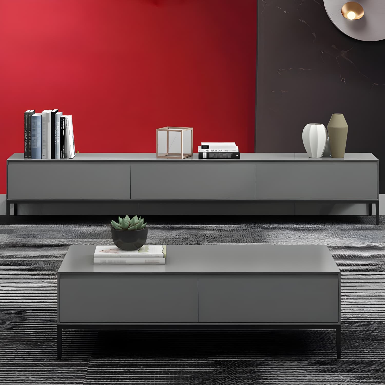 Contemporary Style TV Stand Stone and Engineered Wood TV Cabinet - image 9