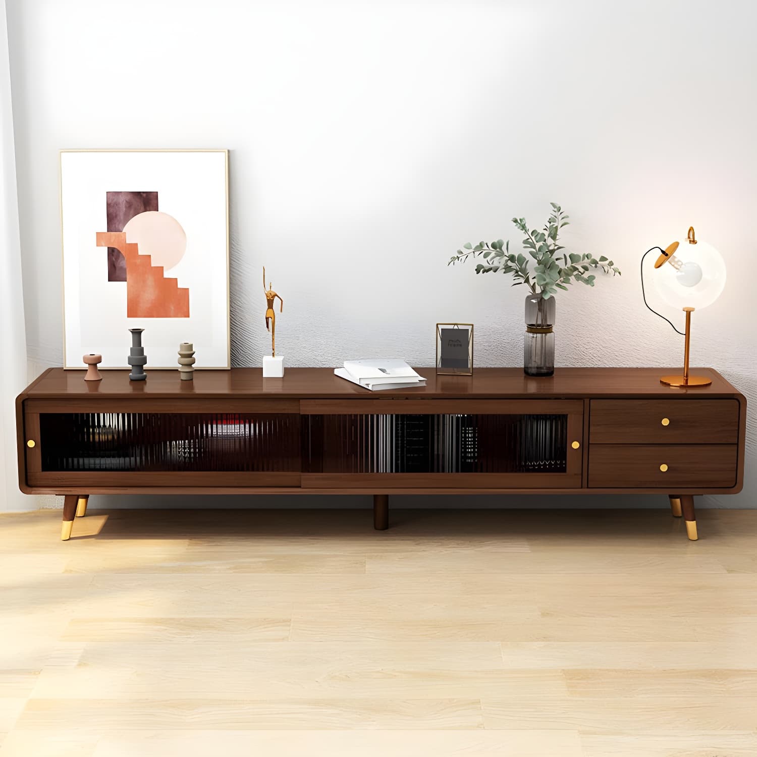 Scandinavian Style Low Height Wood TV Stand With 2 Drawers and Cabinet, Size 15.7'' x 17.7'' - image 3