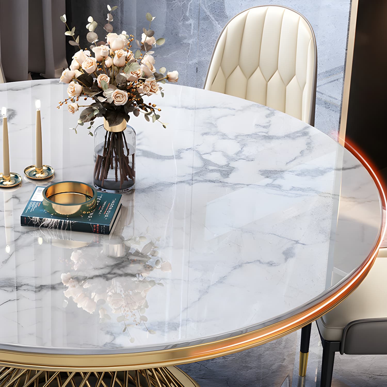 Round White Marble Modern Dining Table with Gold Steel Pedestal Base - image 10