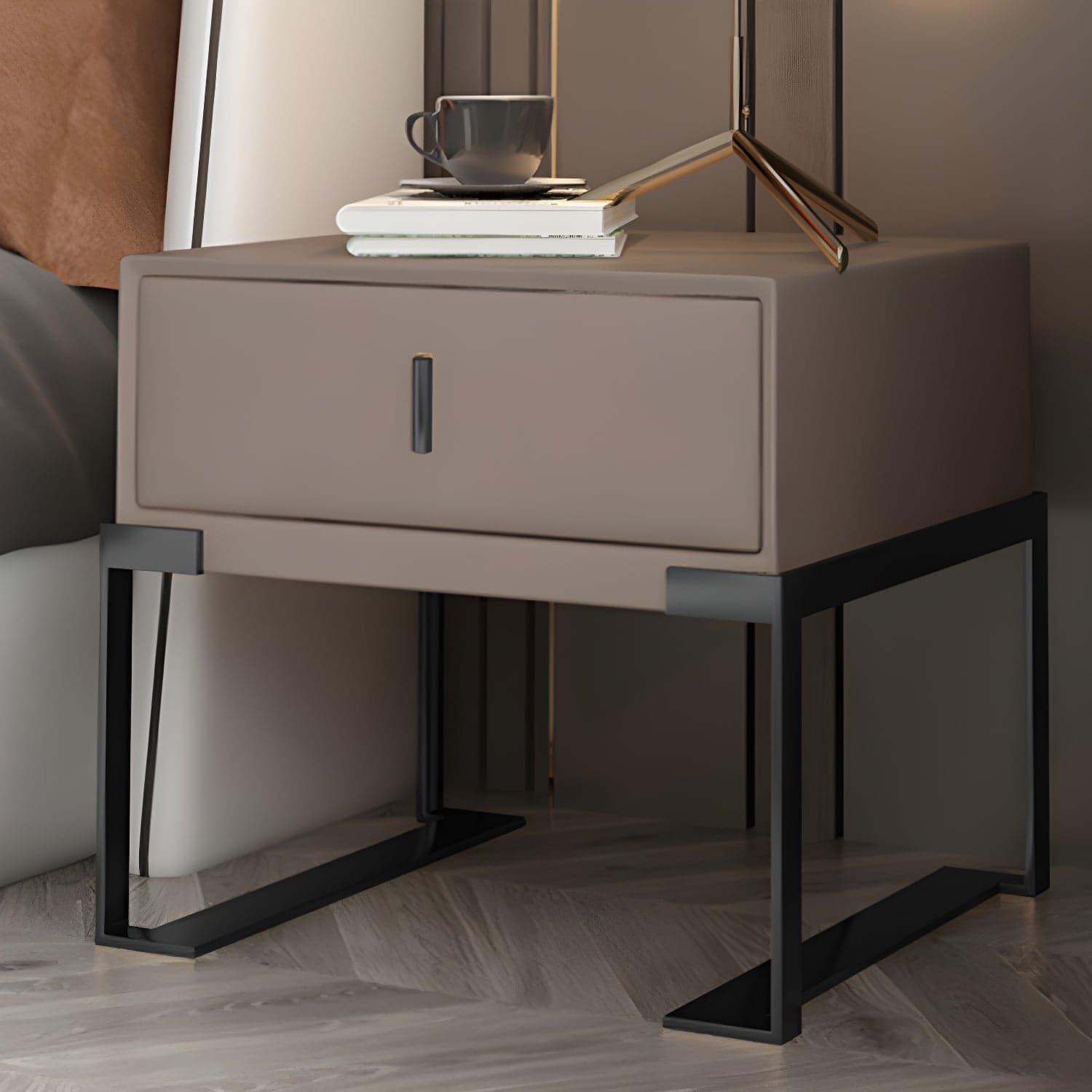 Leather 1 Drawer Nightstand Contemporary Night Table with Metal Legs - image 6