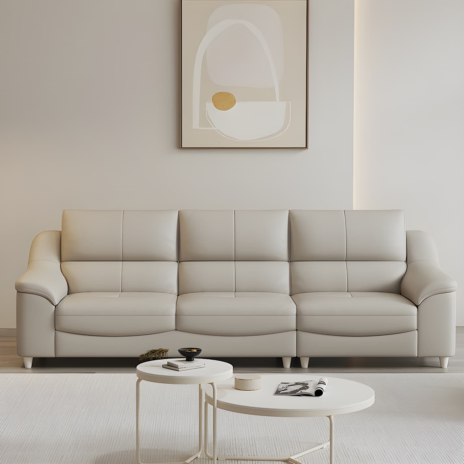 Beige Genuine Leather Modern Stationary Sectional Sofa with Wood Frame - image 3