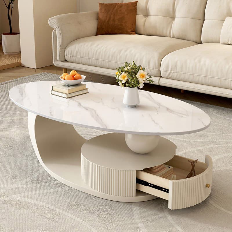 Oval White Stone Modern Coffee Table with Metal Abstract Base - image 6