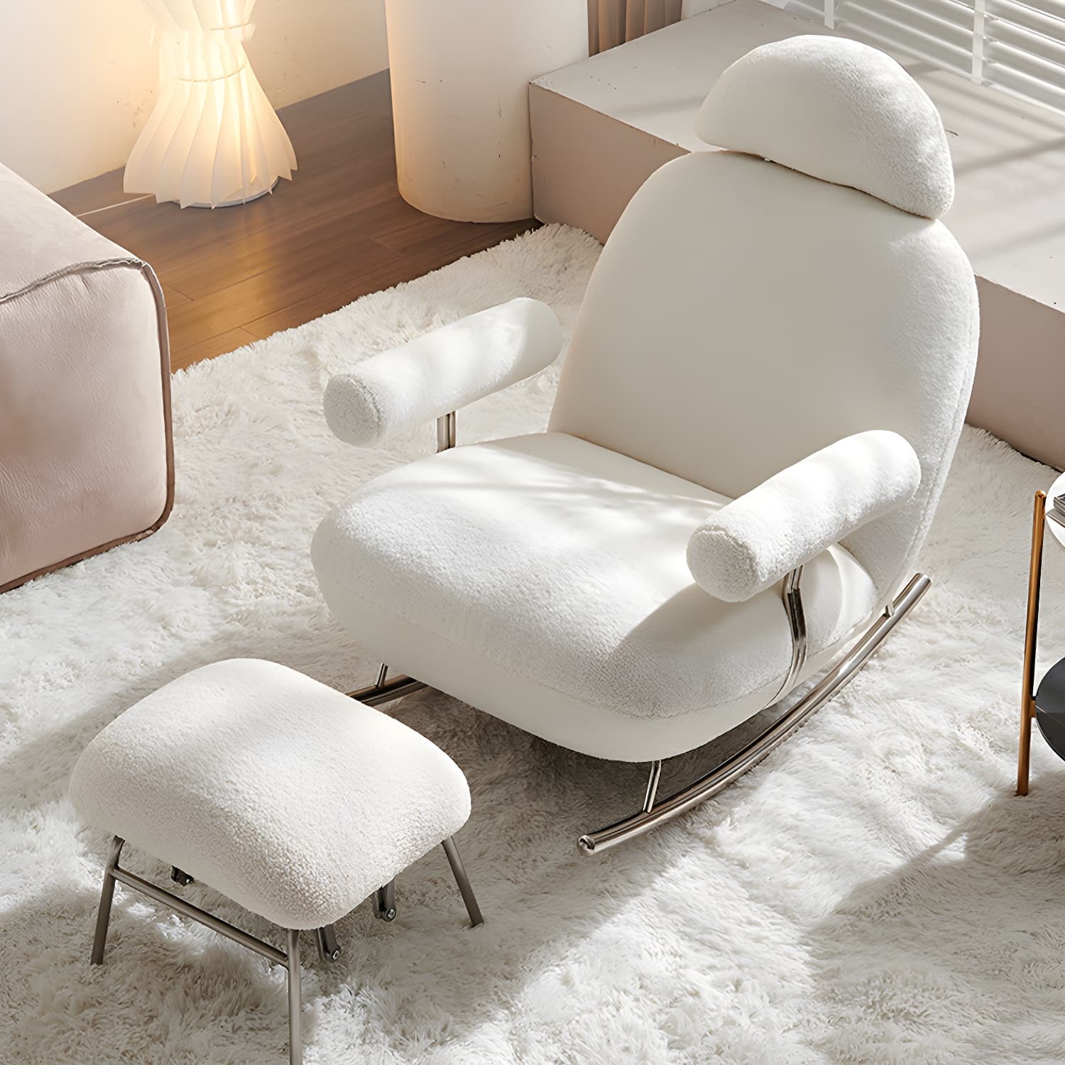 Sheepskin Rocking Chair with Cushion and Padded Seat Contemporary - image 11