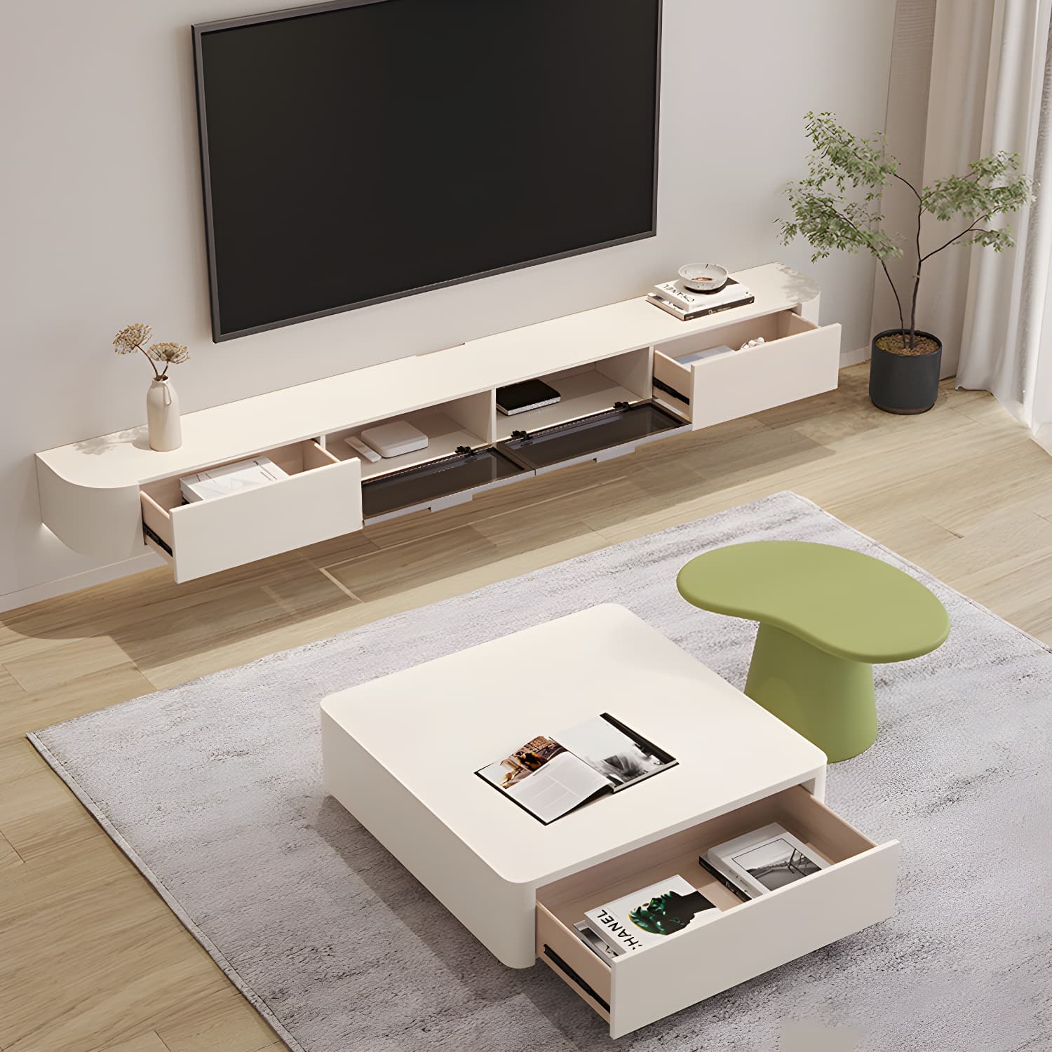 Contemporary Media Console Wall-mounted TV Stand Console with Drawers - image 12