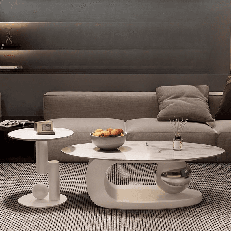 Luxurious 1 Tier Stone Top Elliptical Side Table with Abstract Base in Chalk for Home - image 13