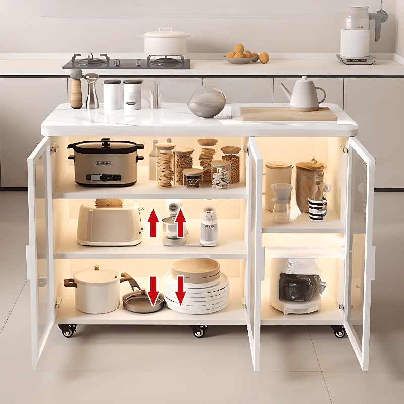 Trendy Sideboard on Caster Wheels with Narrow Stone Countertop, Glazed Door, Adjustable Shelving, and Lighting System - image 5