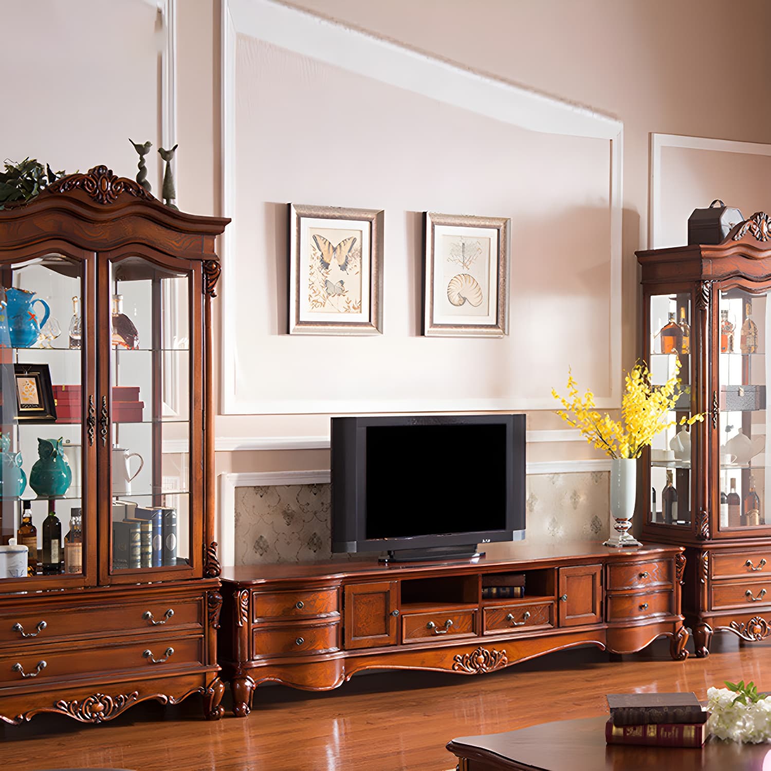 Solid Wood TV Console Traditional Enclosed TV Cabinet with Glide Drawers - image 9