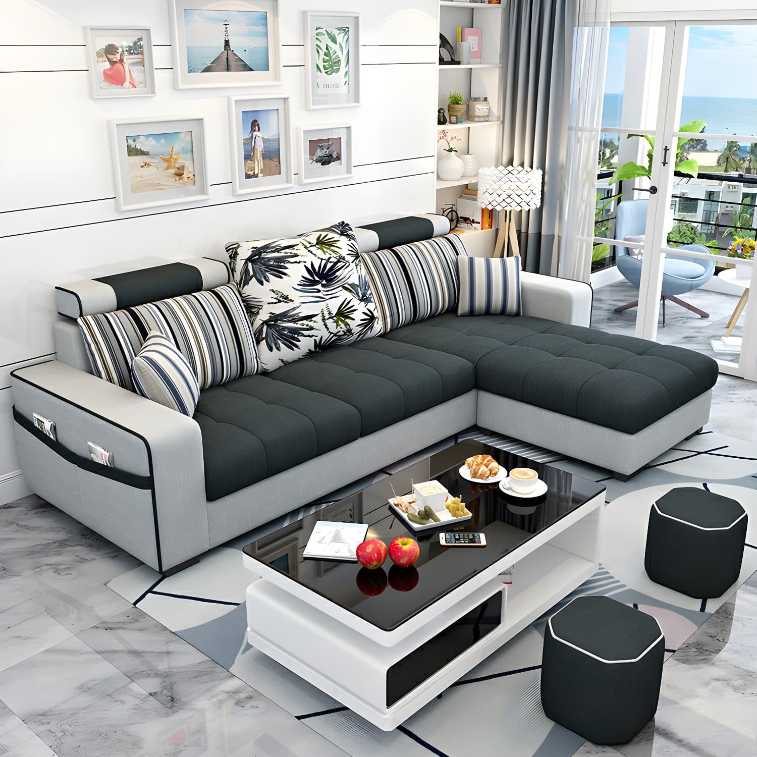 Modern L-Shaped Linen Sectional Sofa with Ottoman and Slipcover, Reversible Design - image 12