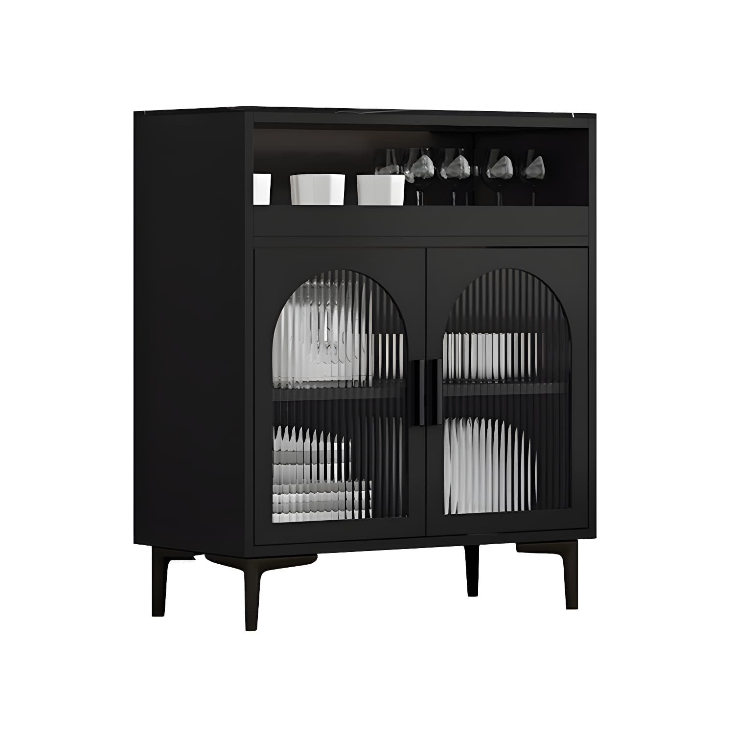 Modern Wood Buffet Sideboard with Stone Countertop and Glass Doors