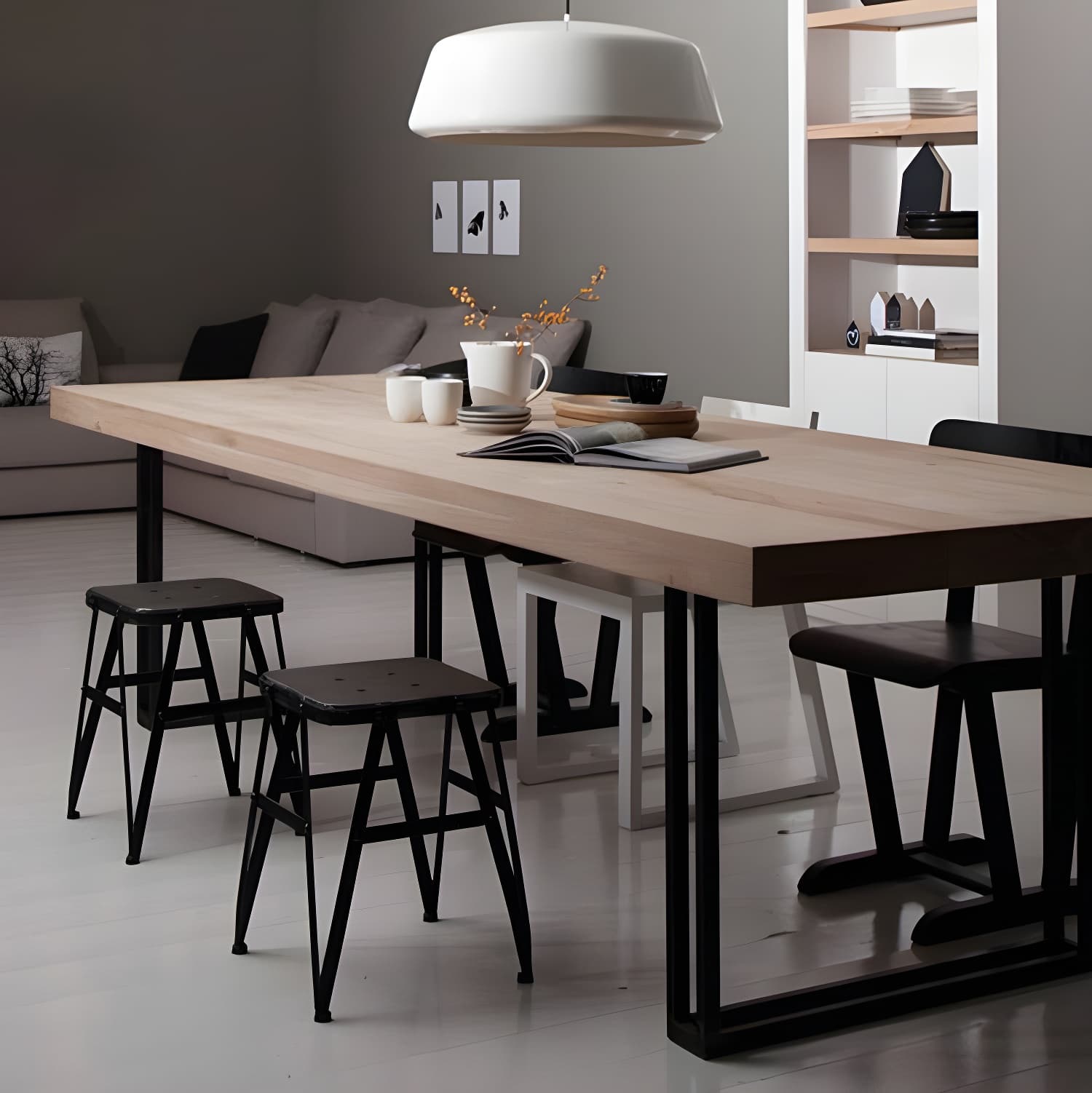 Rectangle Industrial Dining Table Solid Wood Double Pedestal Table with Metal Base