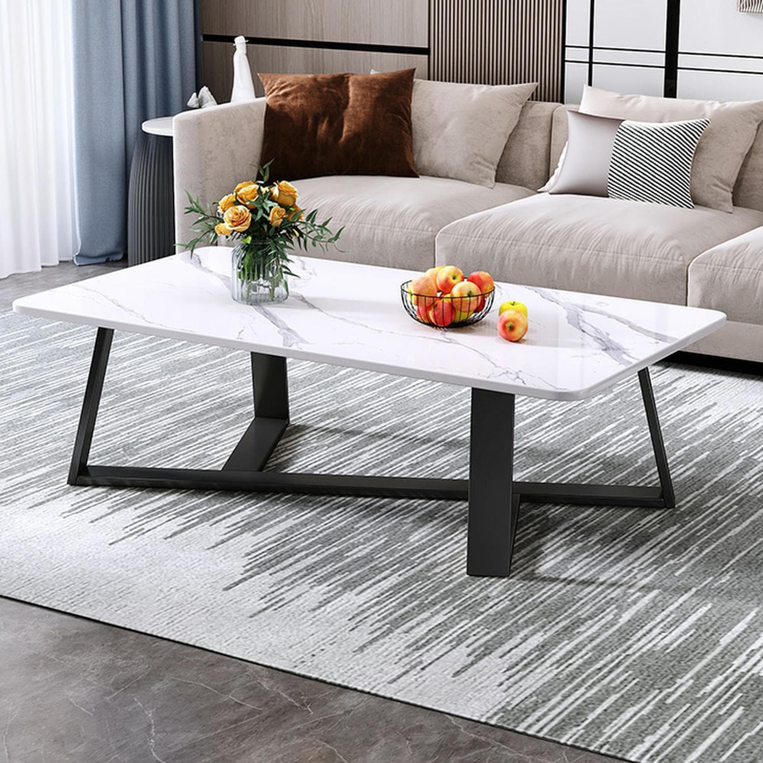 Black Iron Base Stone Top Modern Coffee Table with Cross Legs - image 5