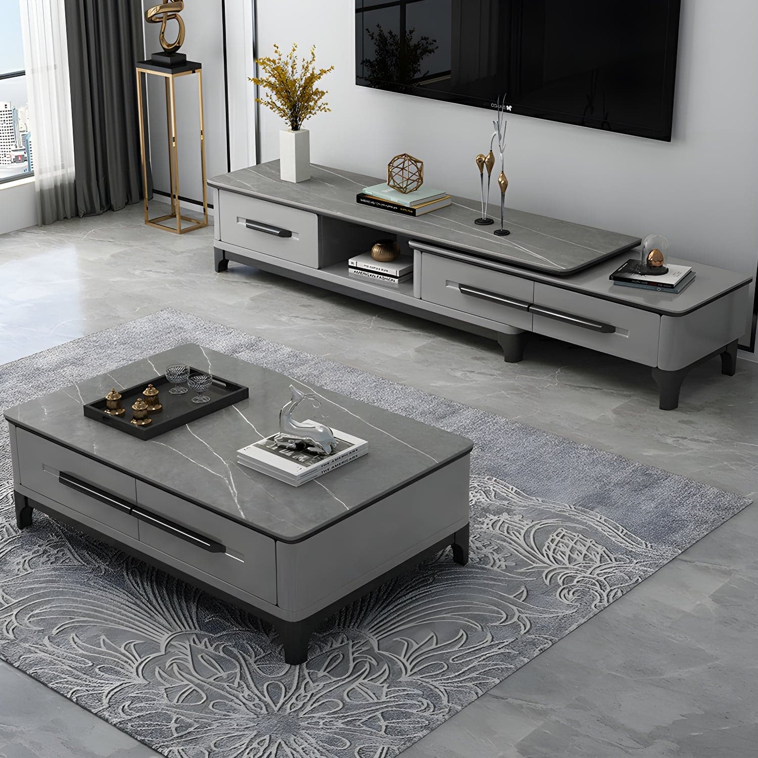 Modern Stone TV Stand with Long Length, Open Storage and Drawers featuring Wood Shelves - image 3