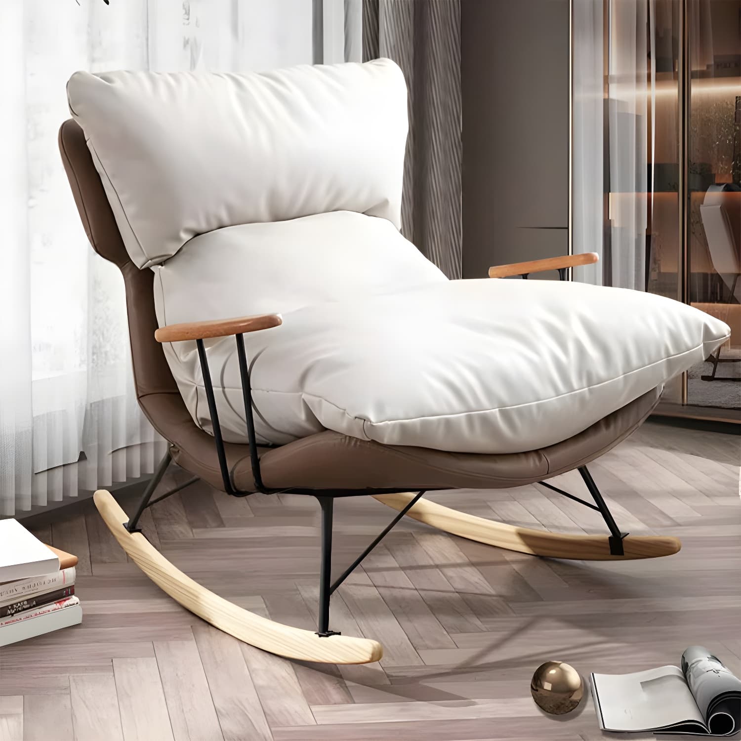Modern Upholstered Indoor Rocking Chair with Natural Wood Legs and Removable Back Cushion - image 7
