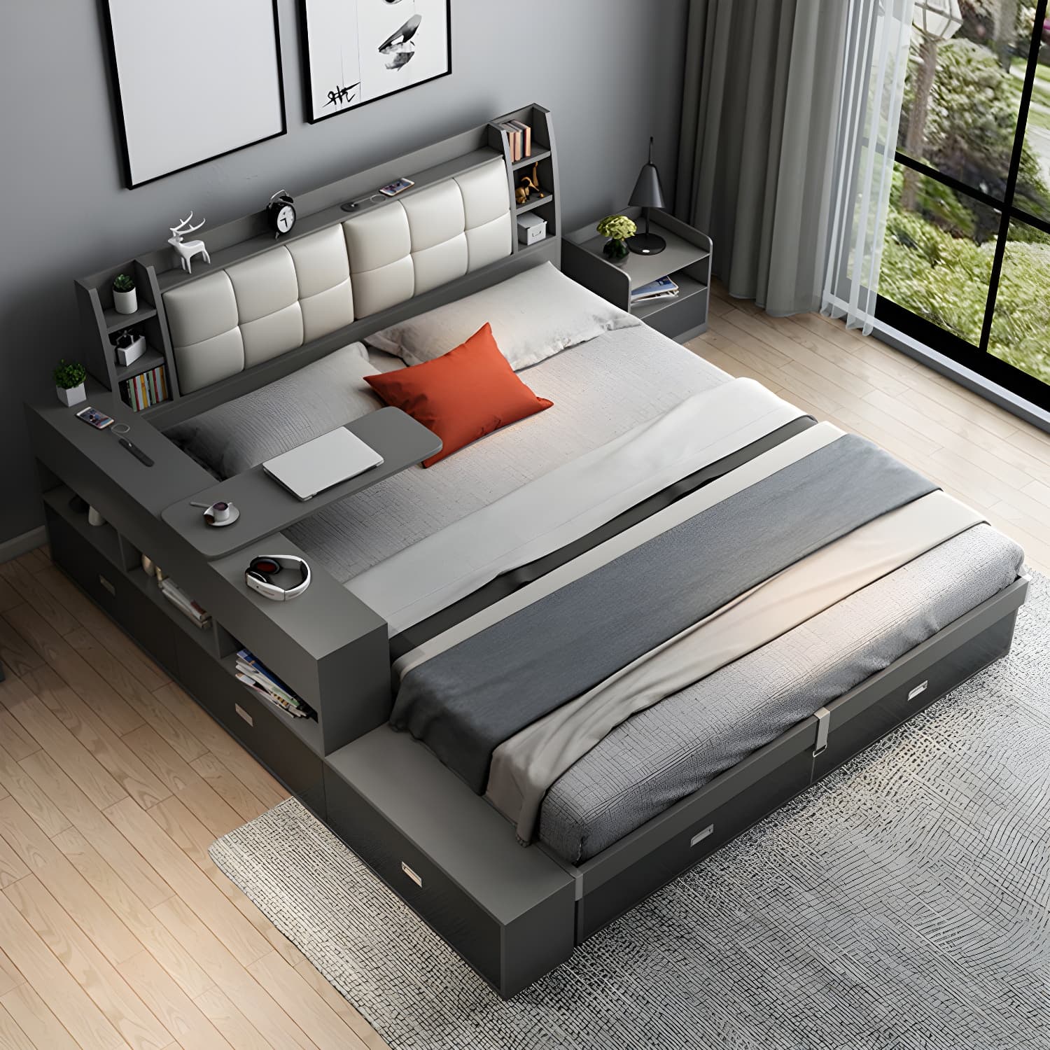 Upholstered Headboard Standard Bed with Storage Gray Wood 38.58" High - image 3