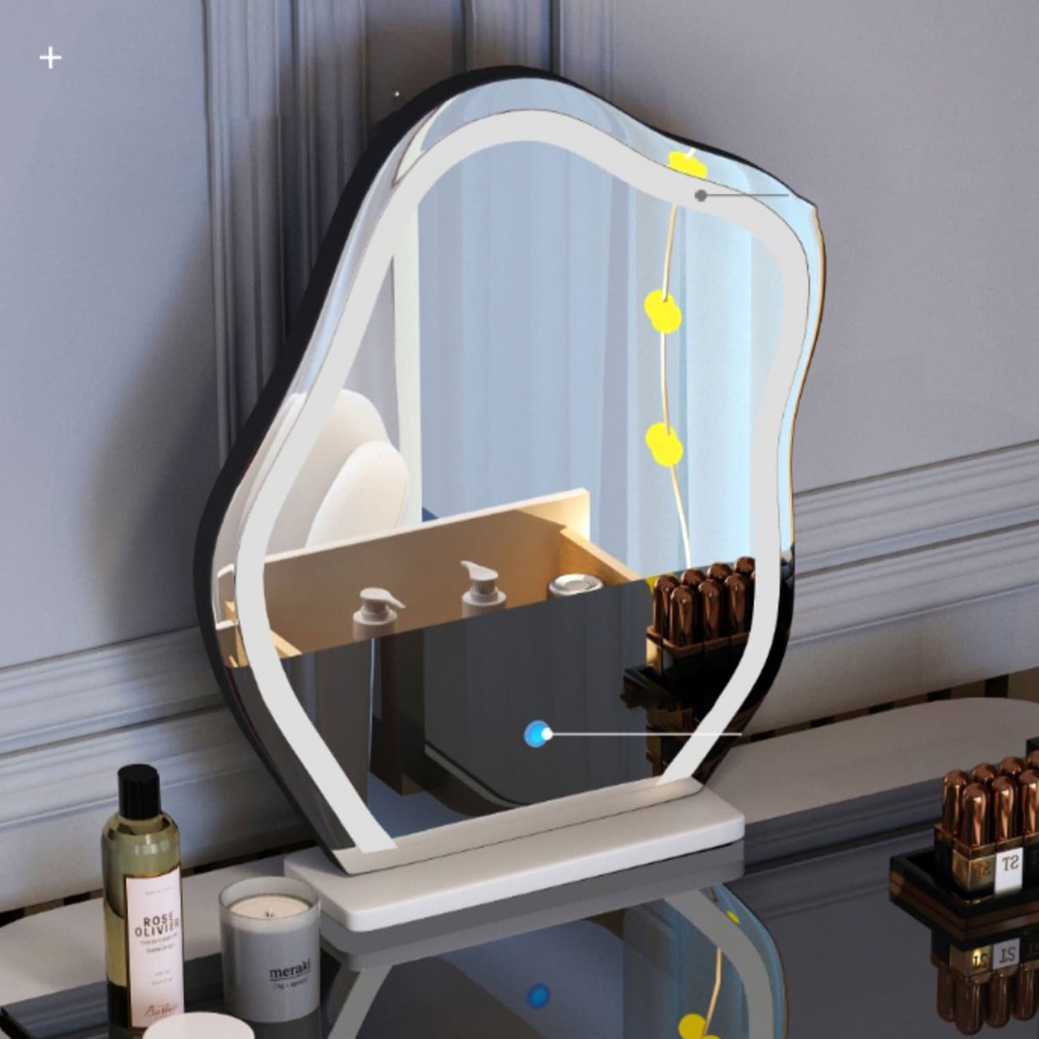 Lighted Mirror Glass Top Makeup Vanity Dressing Table Stool Set with Drawers - image 10