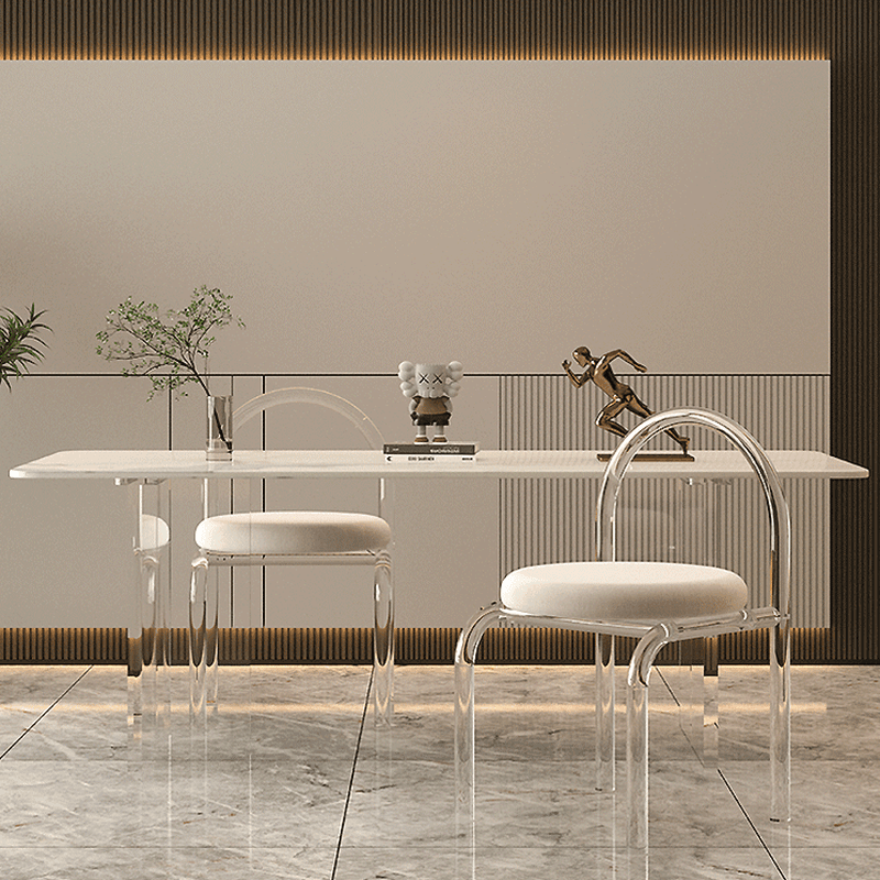 Dining Table Set with Rectangular White Slate Stone Top, Two-sided Pedestal Base, and Padded Chair with Back - image 5