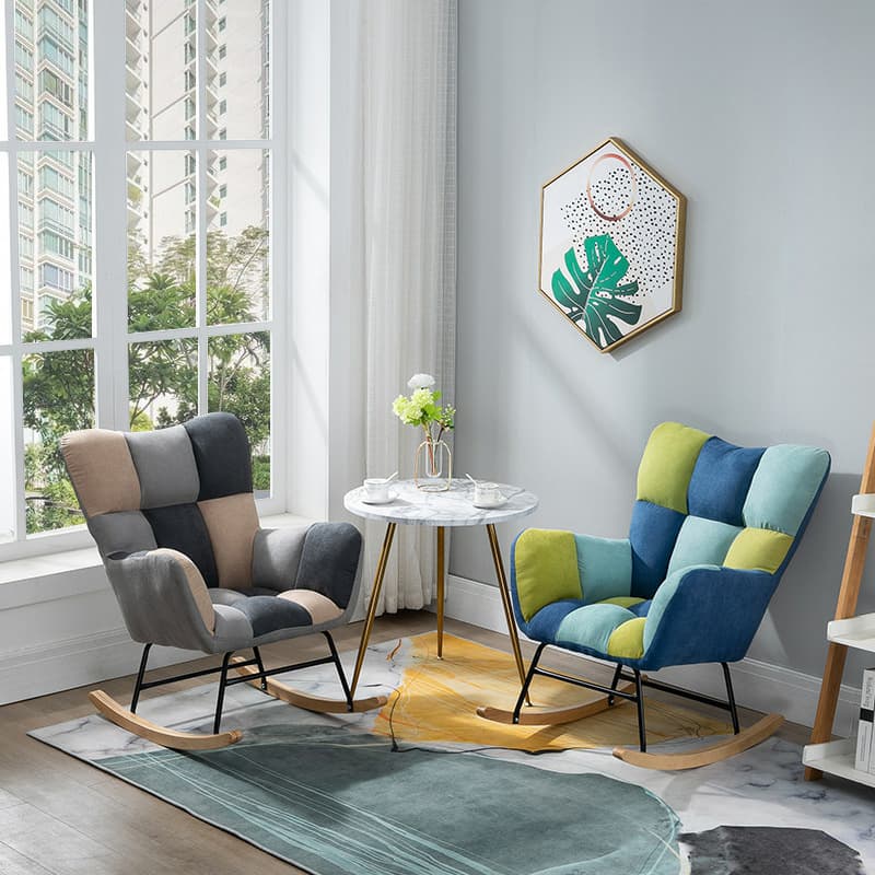 Cotton Cushioned Seat & Back Stationary Rocking Reading Chair with Flared Arm, Footstool, Wing Back & Light Wood Legs - image 14